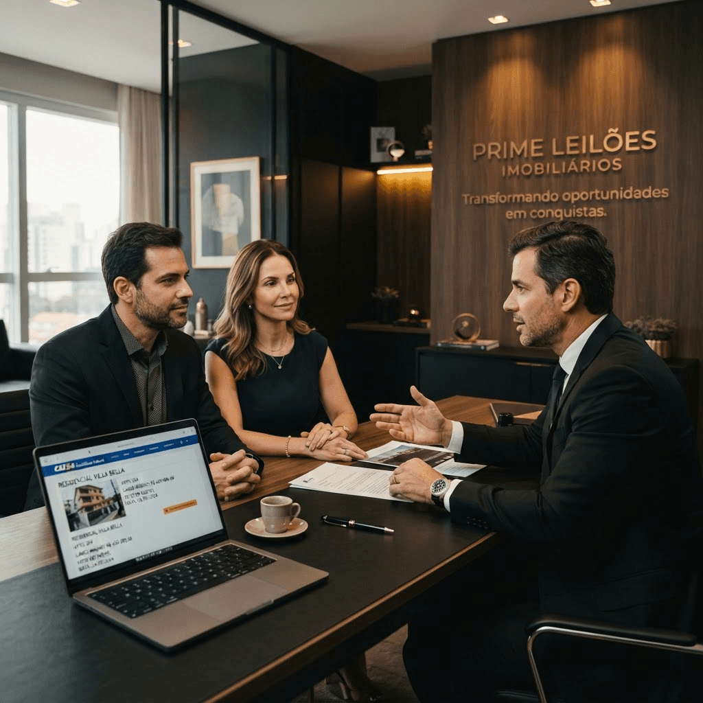 Consultor da Prime Leilões Imobiliários atendendo um casal de clientes em escritório sofisticado, com notebook exibindo um imóvel de leilão da Caixa